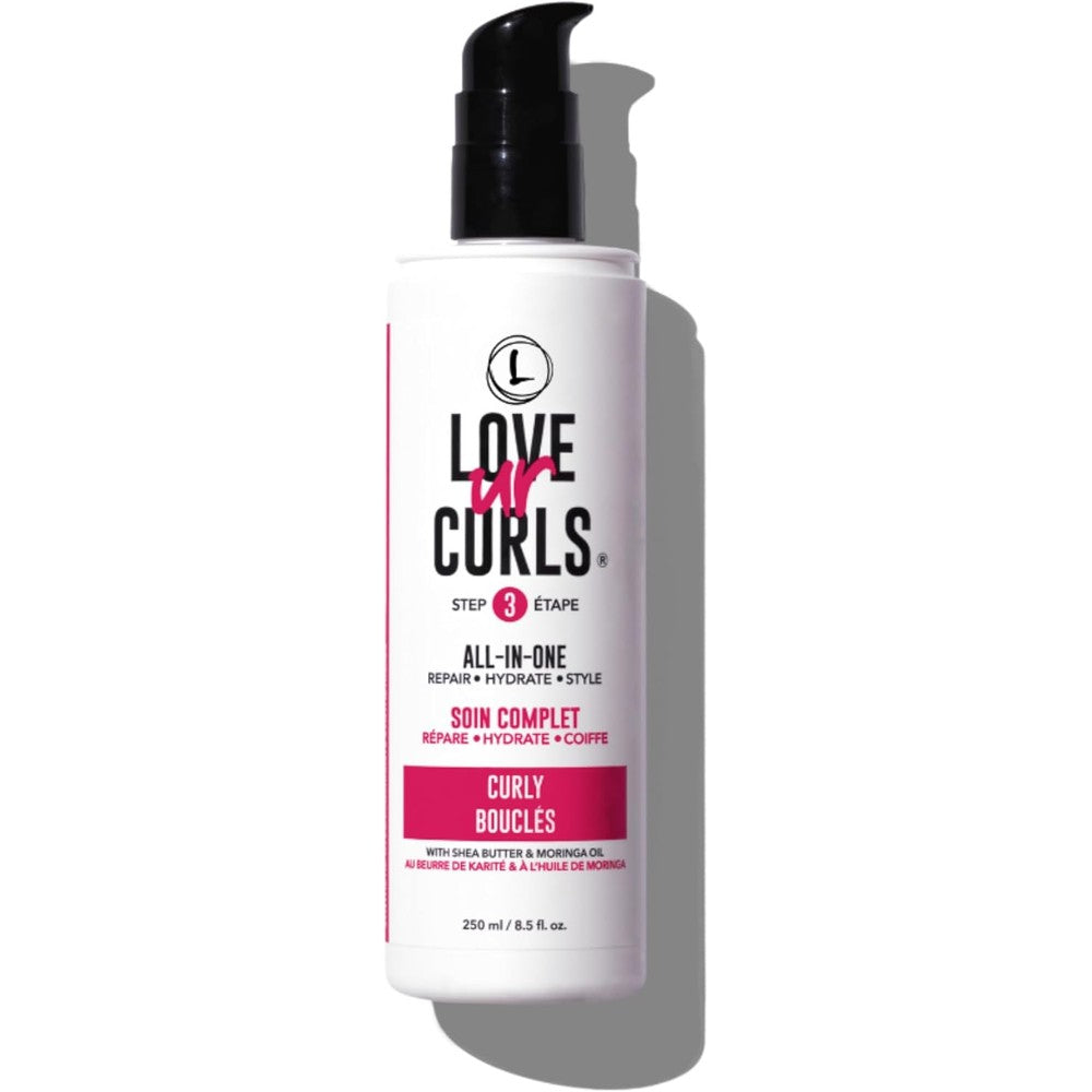 Love Ur Curls All in One Curl Cream Styler front view bottle showcasing the pink label and pump dispenser.