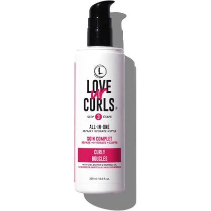 Love Ur Curls All in One Curl Cream Styler front view bottle showcasing the pink label and pump dispenser.