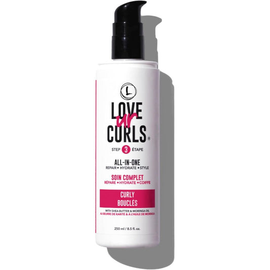 Love Ur Curls All in One Curl Cream Styler front view bottle showcasing the pink label and pump dispenser.