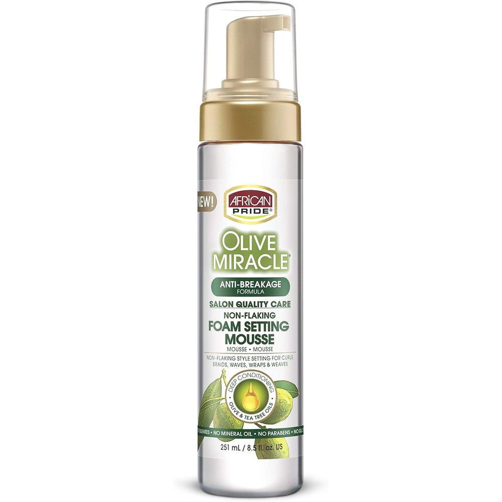 African Pride Olive Miracle Foam Setting Mousse front view packaging for curl definition