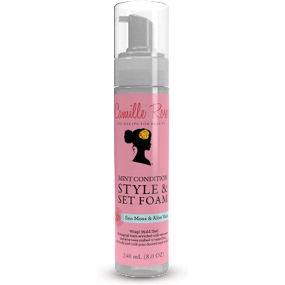 Camille Rose Style and Set Foam Mint Condition front view bottle with pump dispenser for curl definition