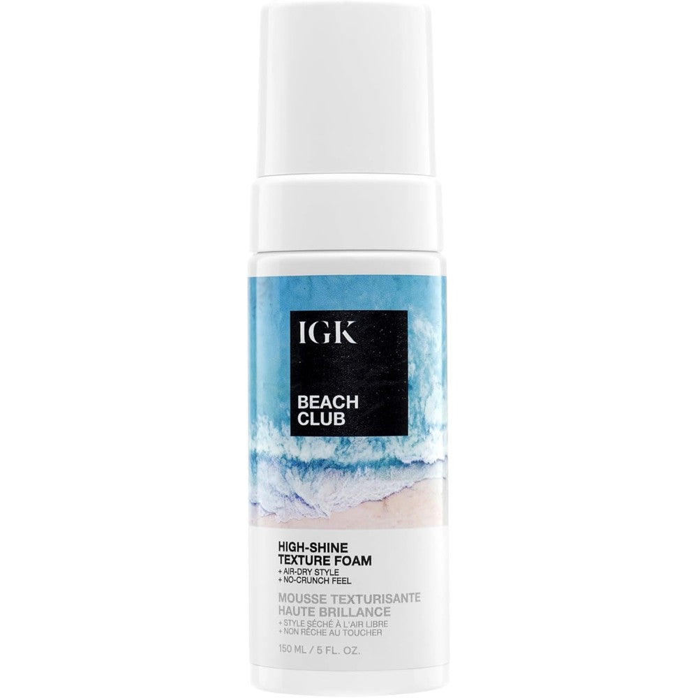 IGK Beach Club High Shine Texture Foam front view of packaging for beachy waves hair styling