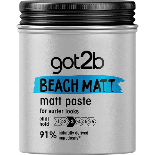 Schwarzkopf Got2B Beach Matt Surfer Look Paste front view container for matte hair styling.