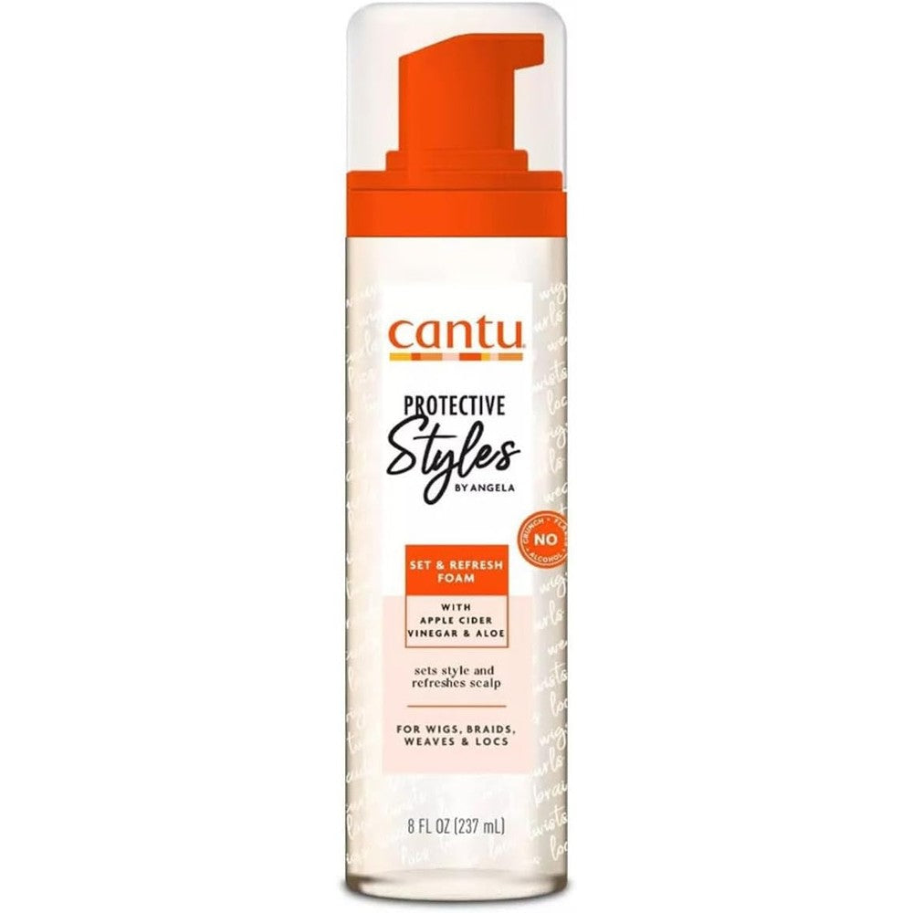 Cantu Protective Styles by Angela Set and Refresh Foam front view showing the 8 ounce bottle styling mousse.