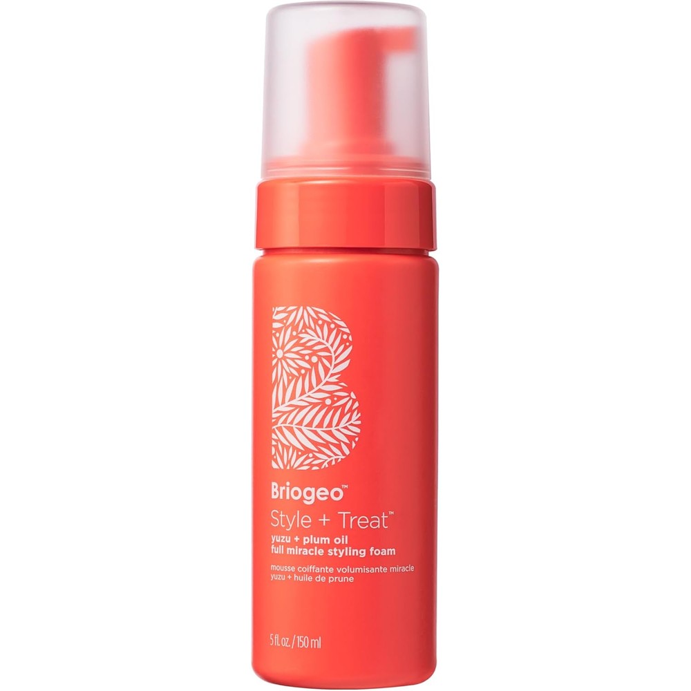 Briogeo Style and Treat Yuzu and Plum Oil Full Miracle Styling Foam front view of coral bottle