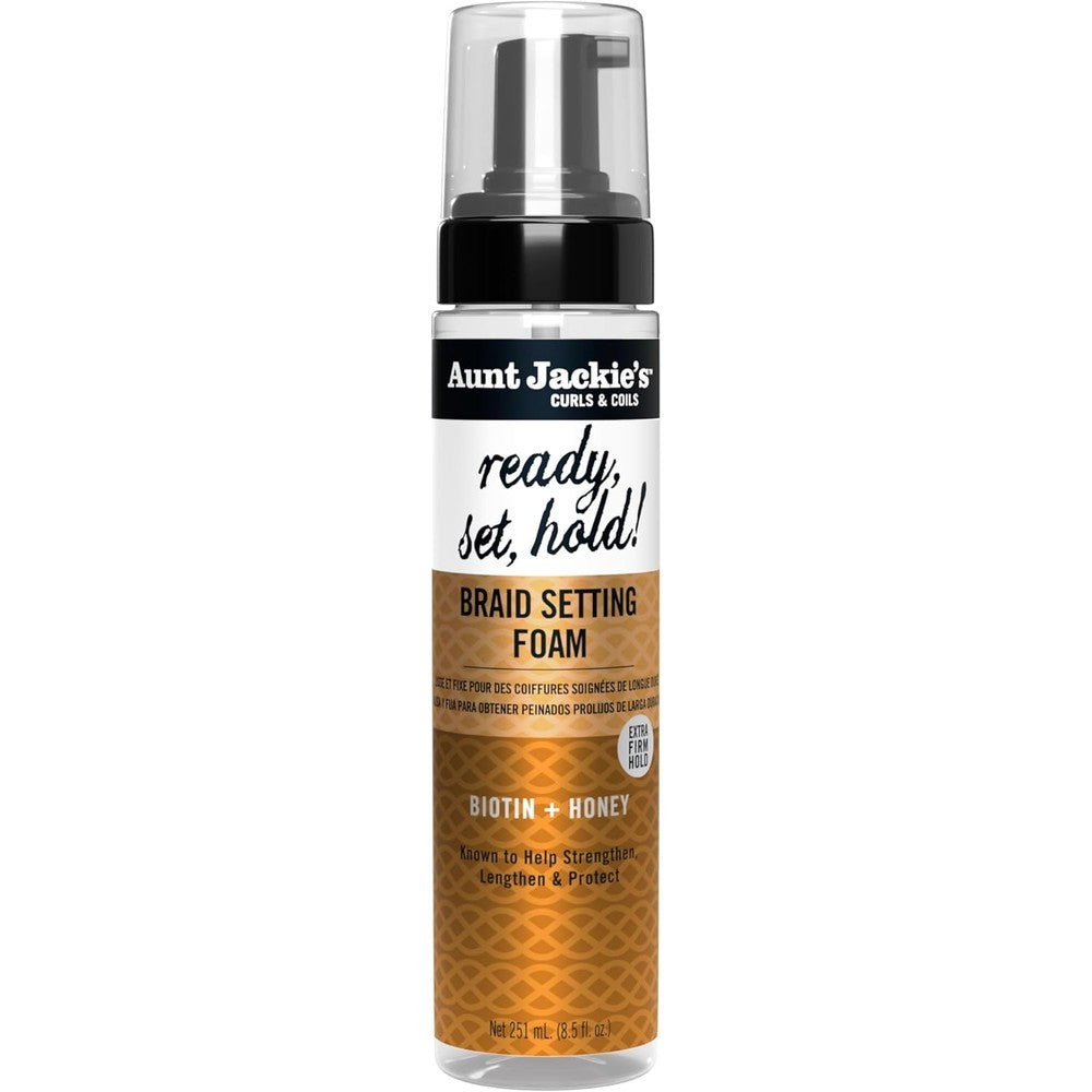 Aunt Jackies Ready Set Hold Braid Setting Foam front view pump bottle for protective styles
