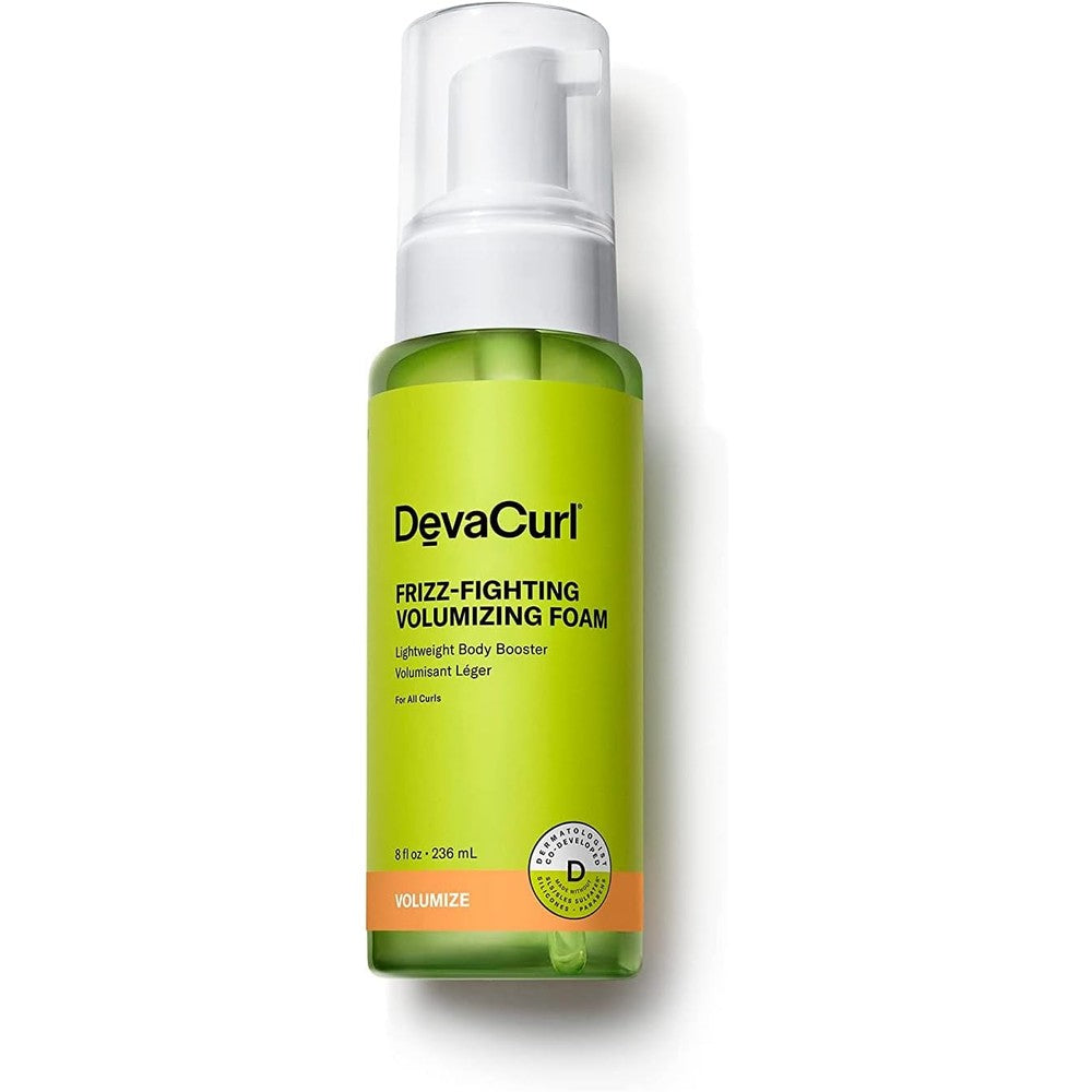 DevaCurl Frizz Fighting Volumizing Foam front view eight fluid ounce bottle with pump dispenser