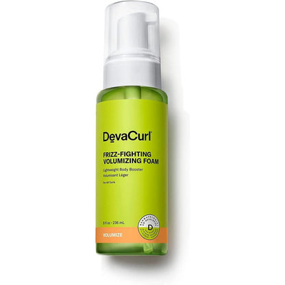 DevaCurl Frizz Fighting Volumizing Foam front view eight fluid ounce bottle with pump dispenser
