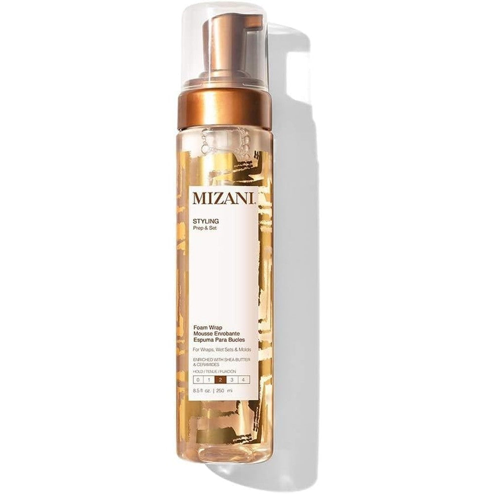 Mizani Foam Wrap Curly Hair Styling Foam front view bottle for anti frizz curl definition.