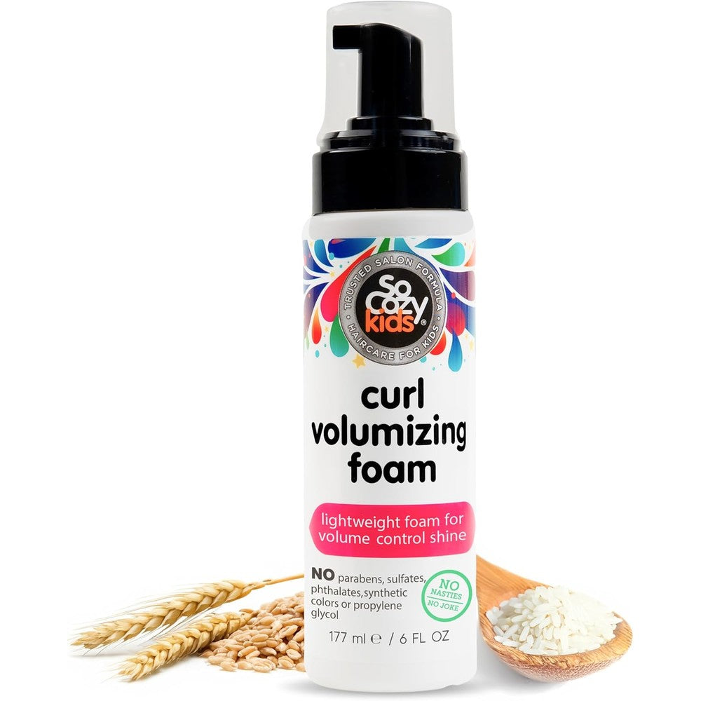 SoCozy Kids Curl Volumizing Foam front view of six fluid ounce bottle