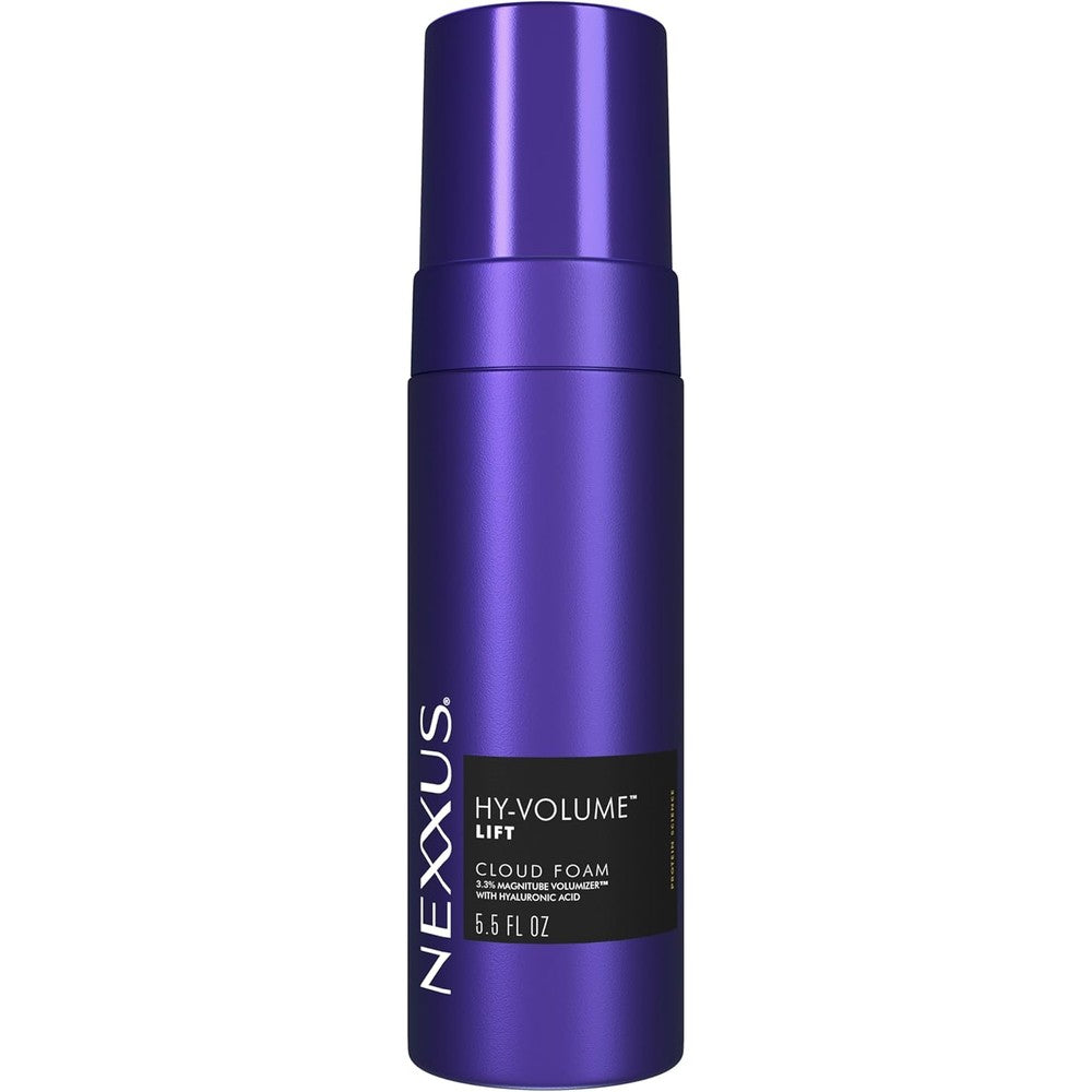 Nexxus Hy-Volume Weightless Lift Cloud Foam Treatment purple canister front view for volumizing fine hair.