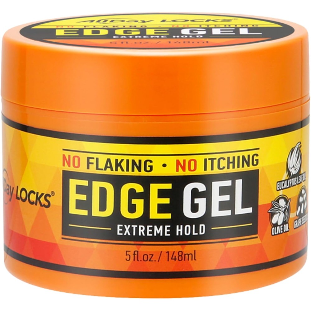 AllDay Locks Edge Gel Extreme Hold 5 Ounce jar front view showing packaging details.
