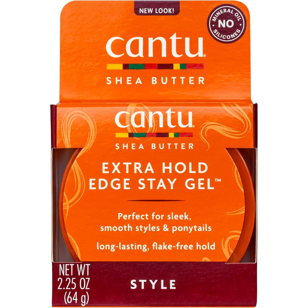 Cantu Extra Hold Edge Stay Gel front view tub packaging for sleek hair edges