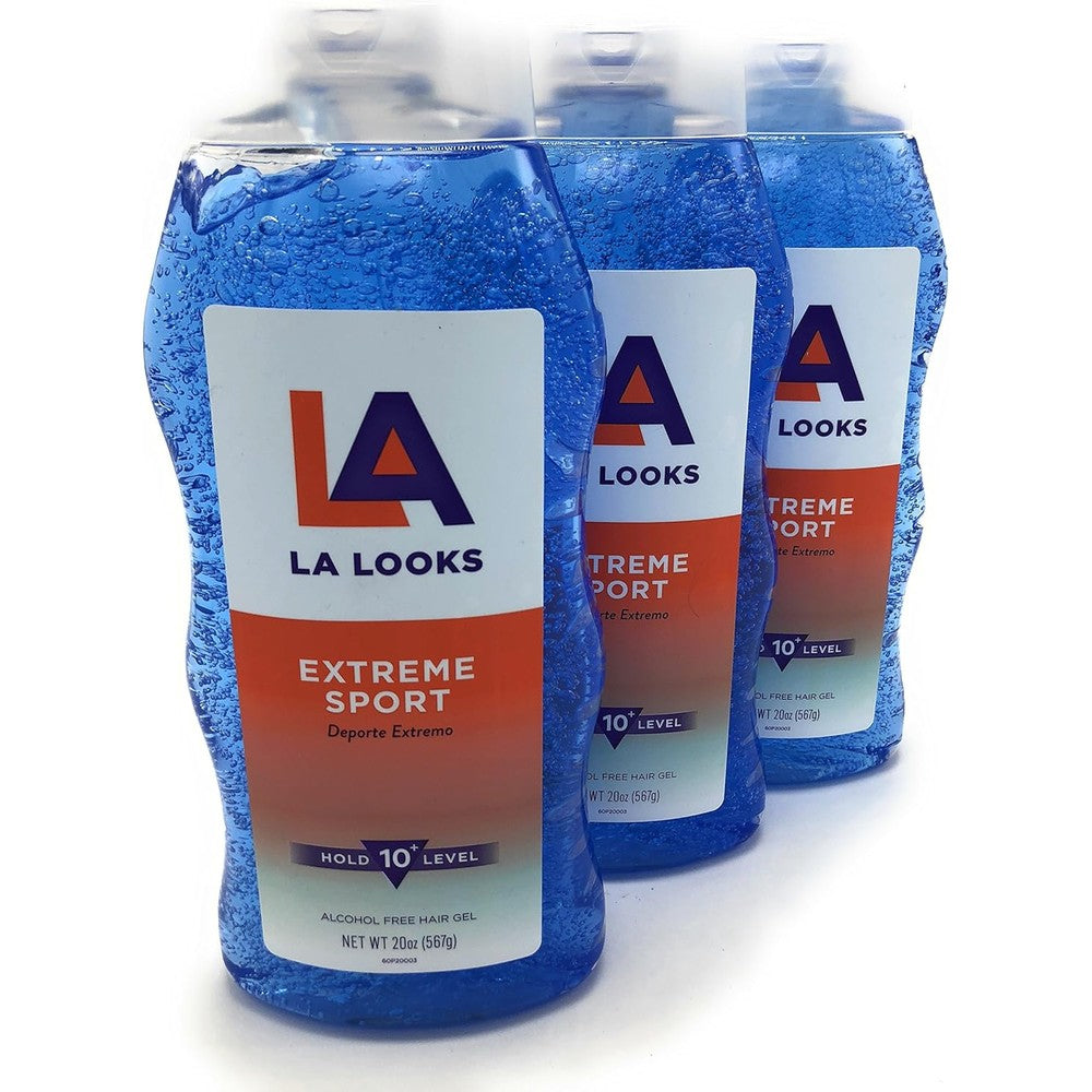 LA Looks Sport Extreme Hold Hair Gel pack of three front view displaying blue gel bottle