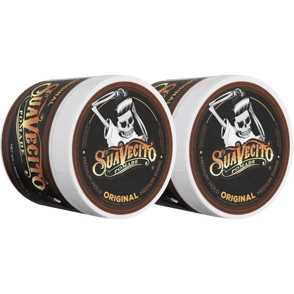 Suavecito Original Hold Pomade front view showing the signature skeleton branding