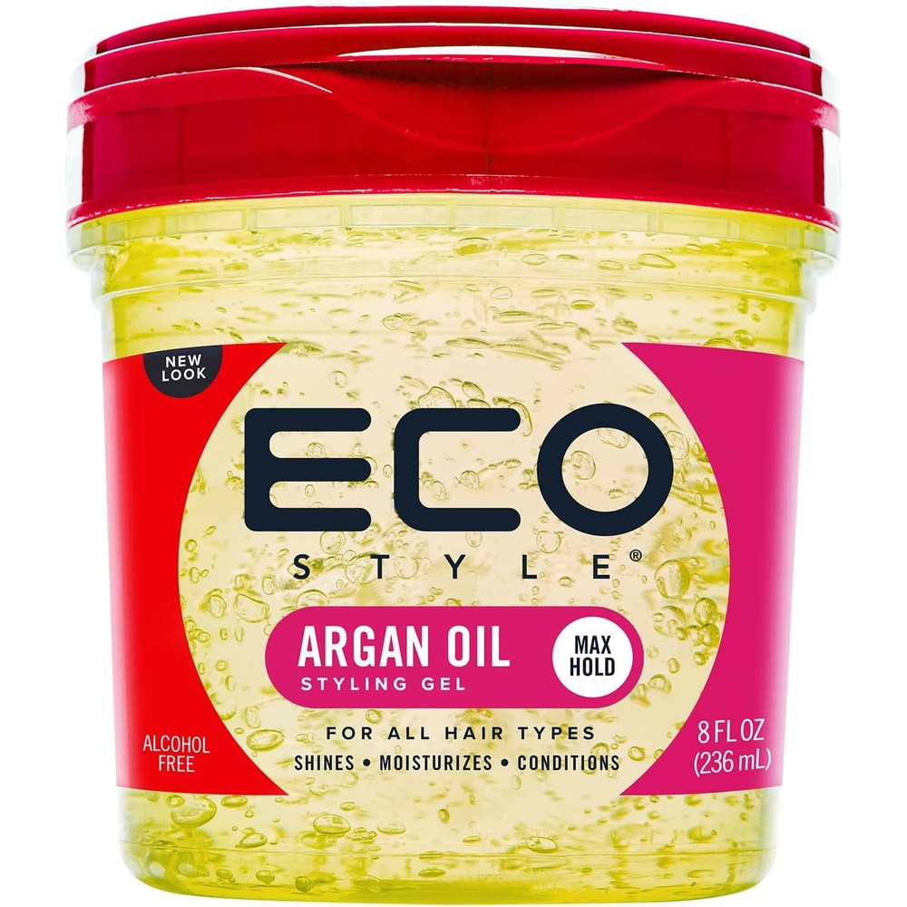 Eco Style Moroccan Argan Oil Styling Gel front view of eight fluid ounce jar for maximum hold hair styling.