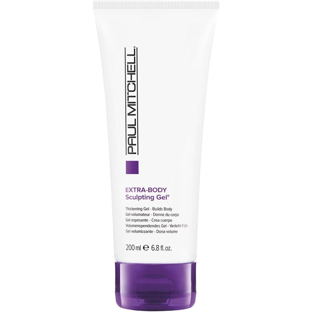 Paul Mitchell Extra-Body Sculpting Gel front view of 200ml white tube with purple cap for volumizing fine hair