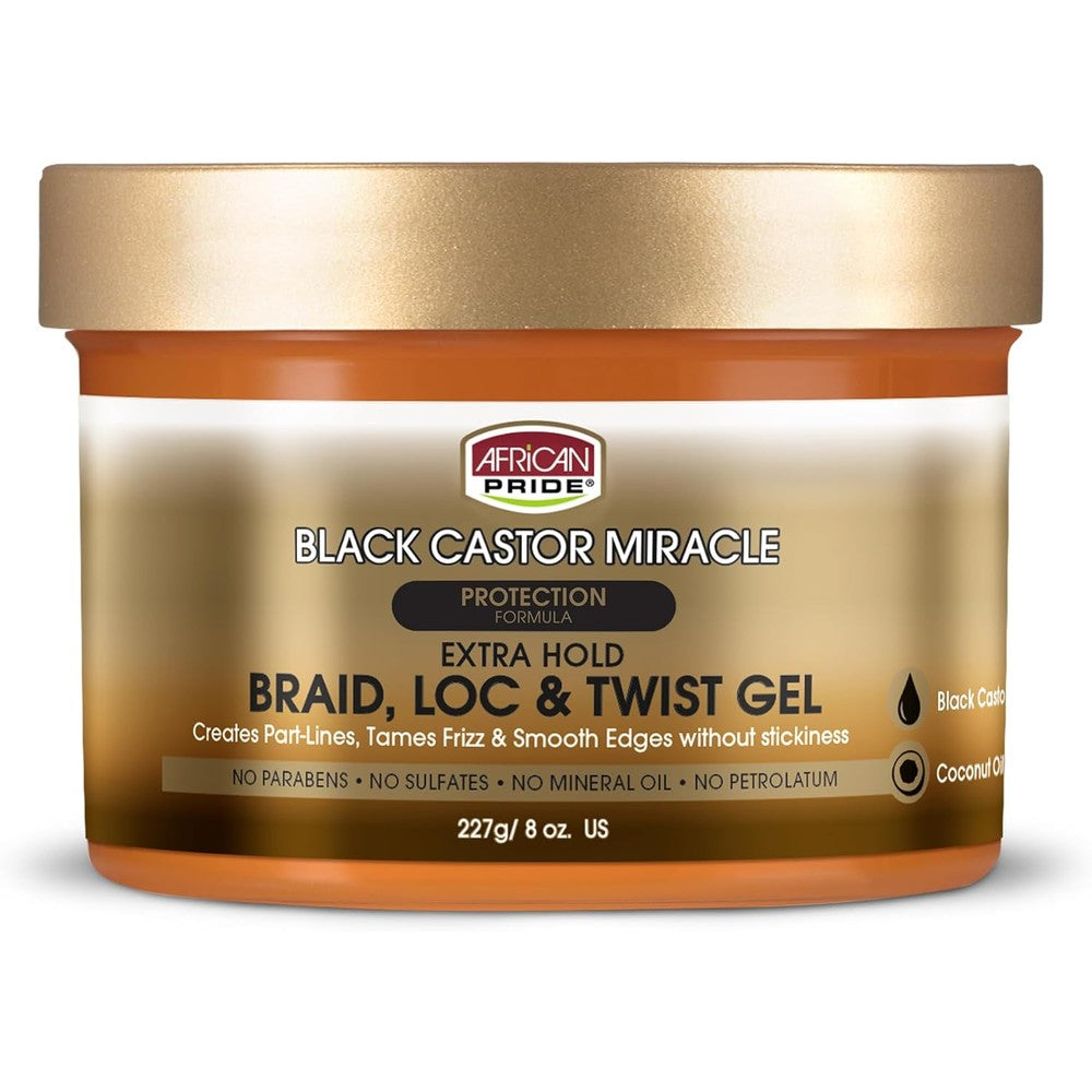 African Pride Black Castor Miracle Extra Hold Braid Loc and Twist Gel 8 Ounce front view jar for hair styling