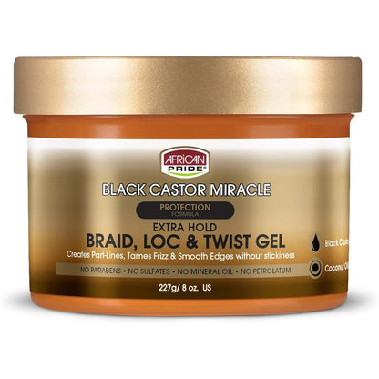 African Pride Black Castor Miracle Extra Hold Braid Loc and Twist Gel 8 Ounce front view jar for hair styling
