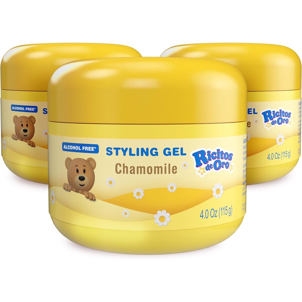 Ricitos de Oro Chamomile Hair Gel front view of the yellow styling gel tub for kids hair care.