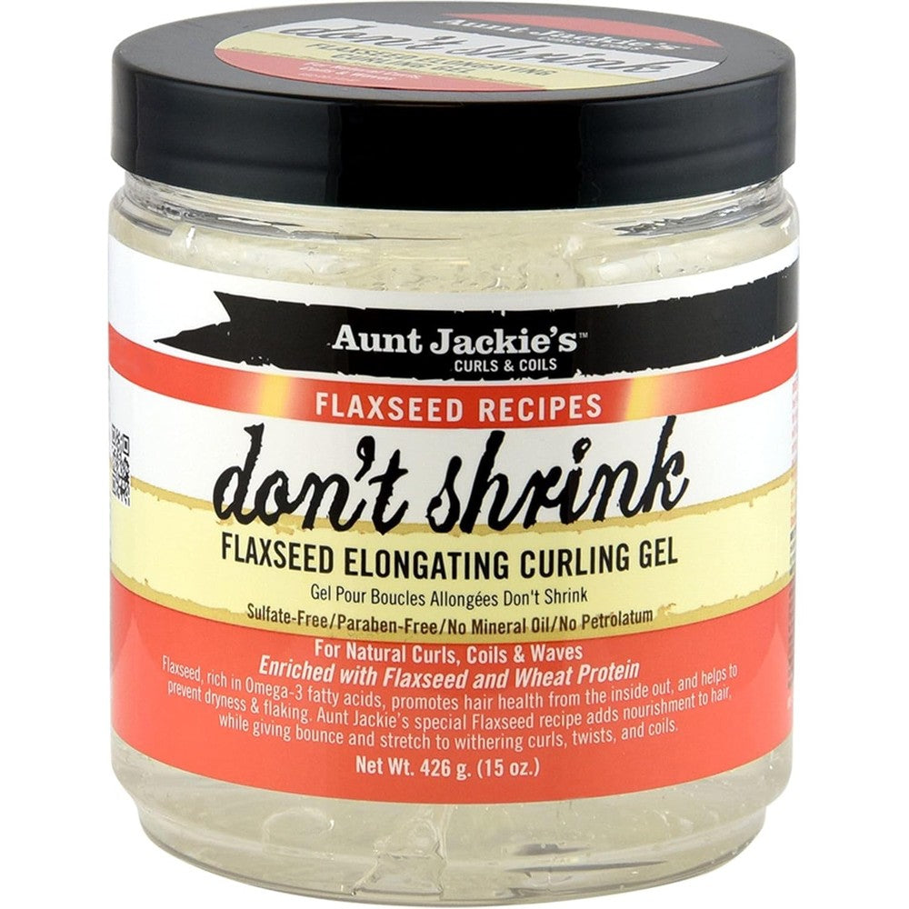 Aunt Jackie's Don't Shrink Flaxseed Elongating Curling Gel front view styling gel for curly hair definition