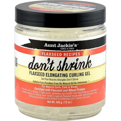 Aunt Jackie's Don't Shrink Flaxseed Elongating Curling Gel front view styling gel for curly hair definition