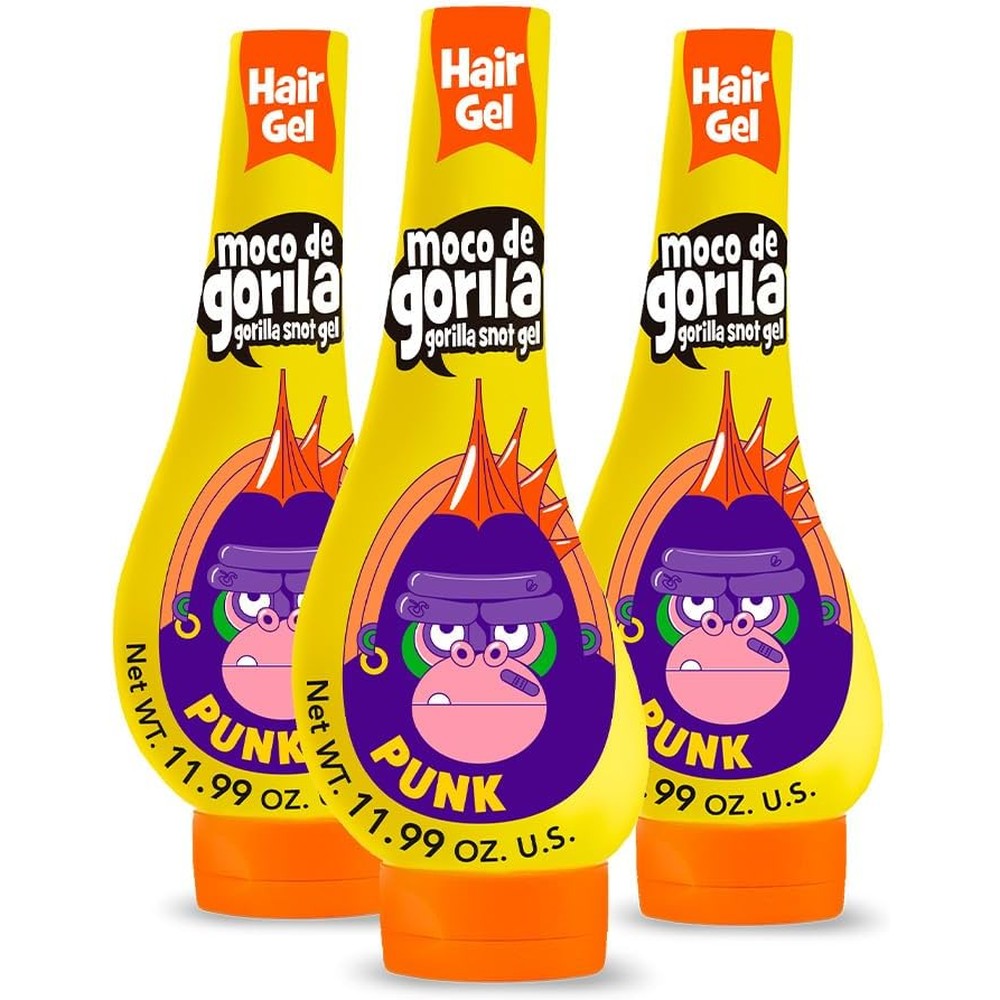 Moco de Gorila Punk Hair Styling Gel front view of three yellow squeezable bottles for extreme hold styling.