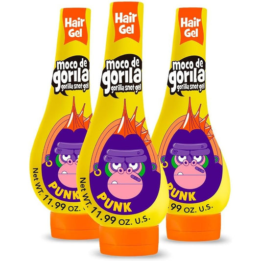 Moco de Gorila Punk Hair Styling Gel front view of three yellow squeezable bottles for extreme hold styling.