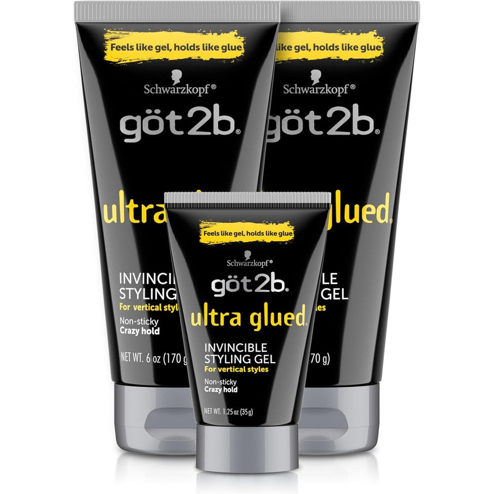 Schwarzkopf Got2b Ultra Glued Invincible Styling Gel set front view showing two large tubes and one travel tube