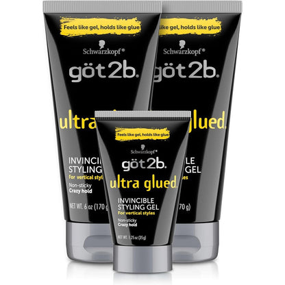Schwarzkopf Got2b Ultra Glued Invincible Styling Gel set front view showing two large tubes and one travel tube