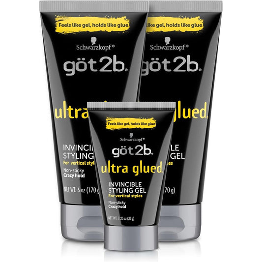 Schwarzkopf Got2b Ultra Glued Invincible Styling Gel set front view showing two large tubes and one travel tube