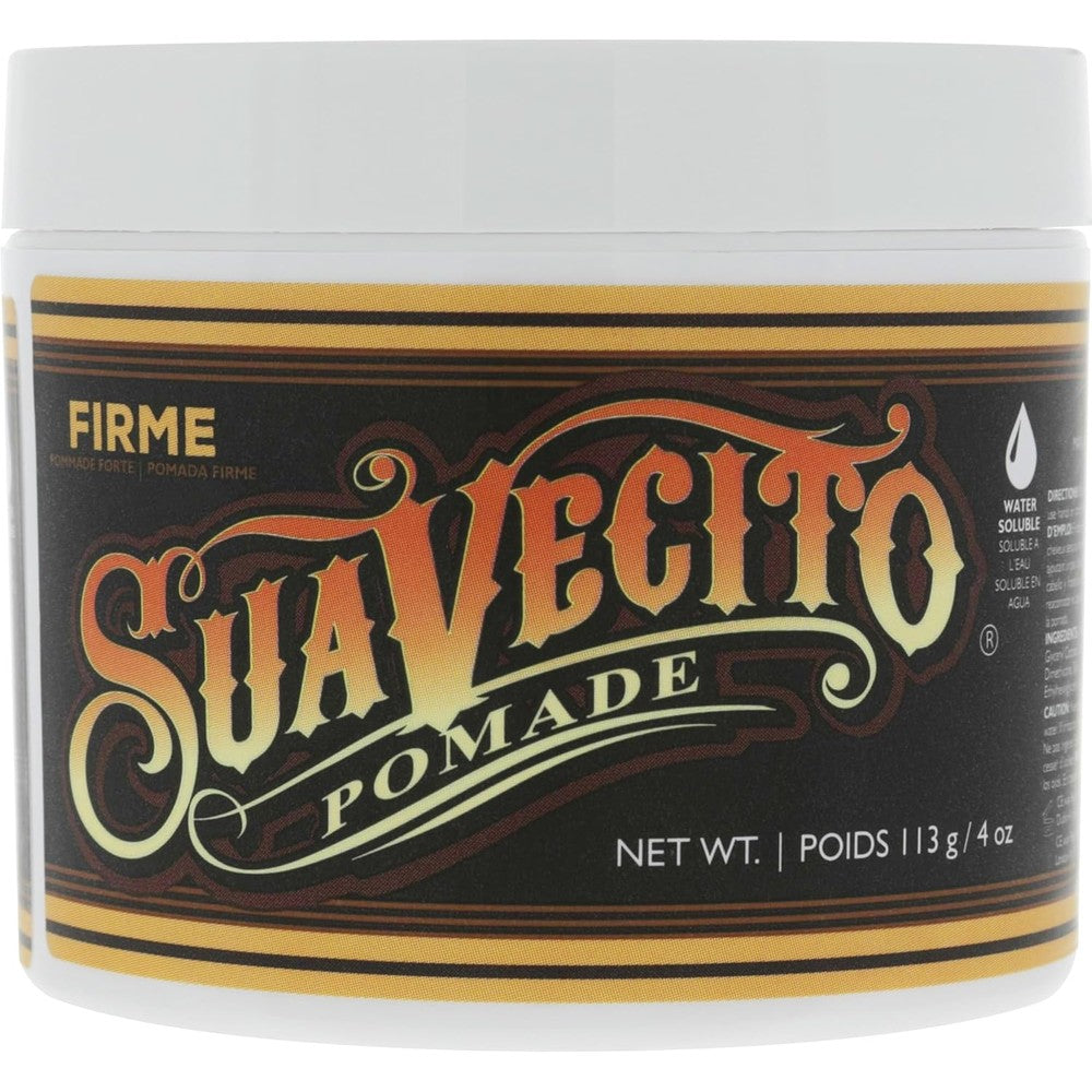 Suavecito Firme Hold Pomade front view jar displaying signature skeleton artwork