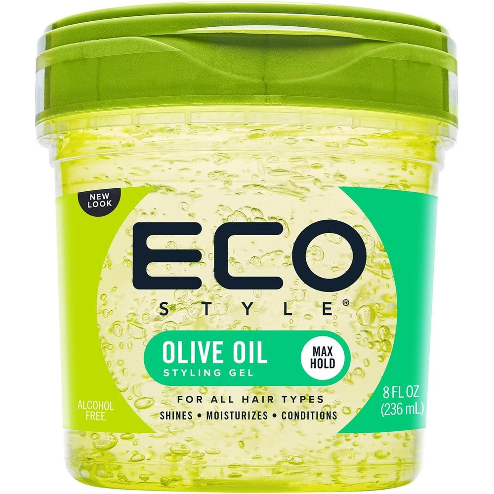 Eco Style Olive Oil Hair Styling Gel front tub view for strong hold hairstyles