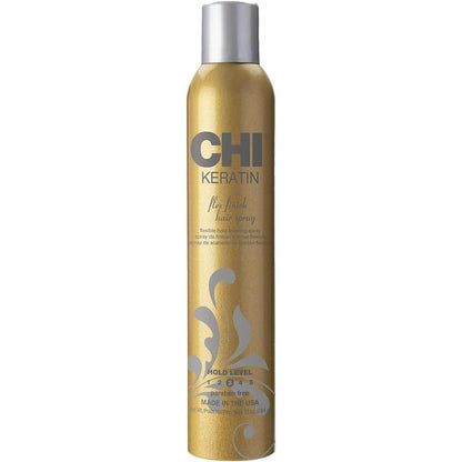 CHI Keratin Flex Finish Hair Spray front view of gold aerosol bottle for professional hair styling.