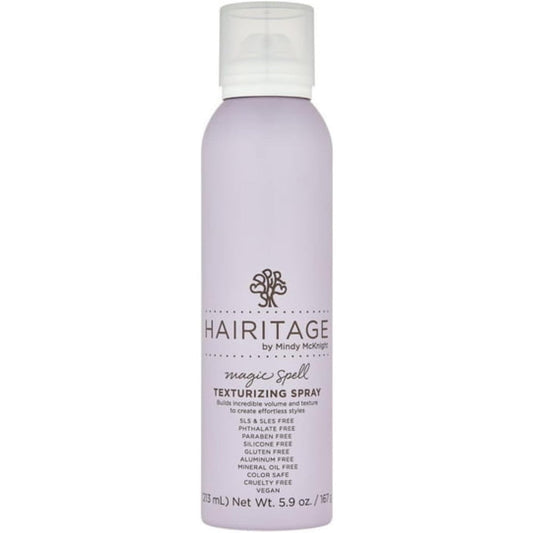 Hairitage Magic Spell Texturizing Spray front view showcasing the 5.9 Ounce bottle for volumizing hair styles.