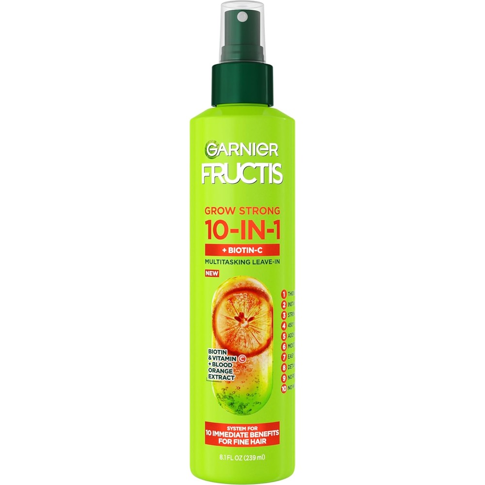 Garnier Fructis Grow Strong Thickening 10-in-1 Spray front view bottle for hair volume