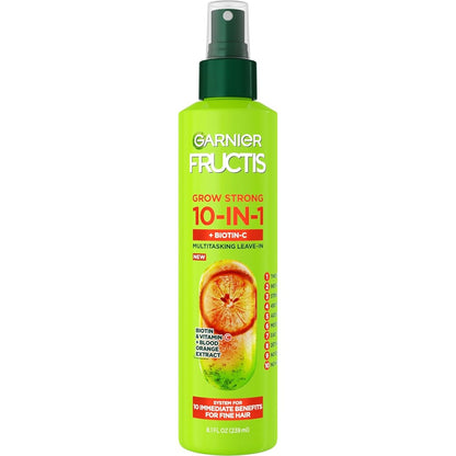 Garnier Fructis Grow Strong Thickening 10-in-1 Spray front view bottle for hair volume