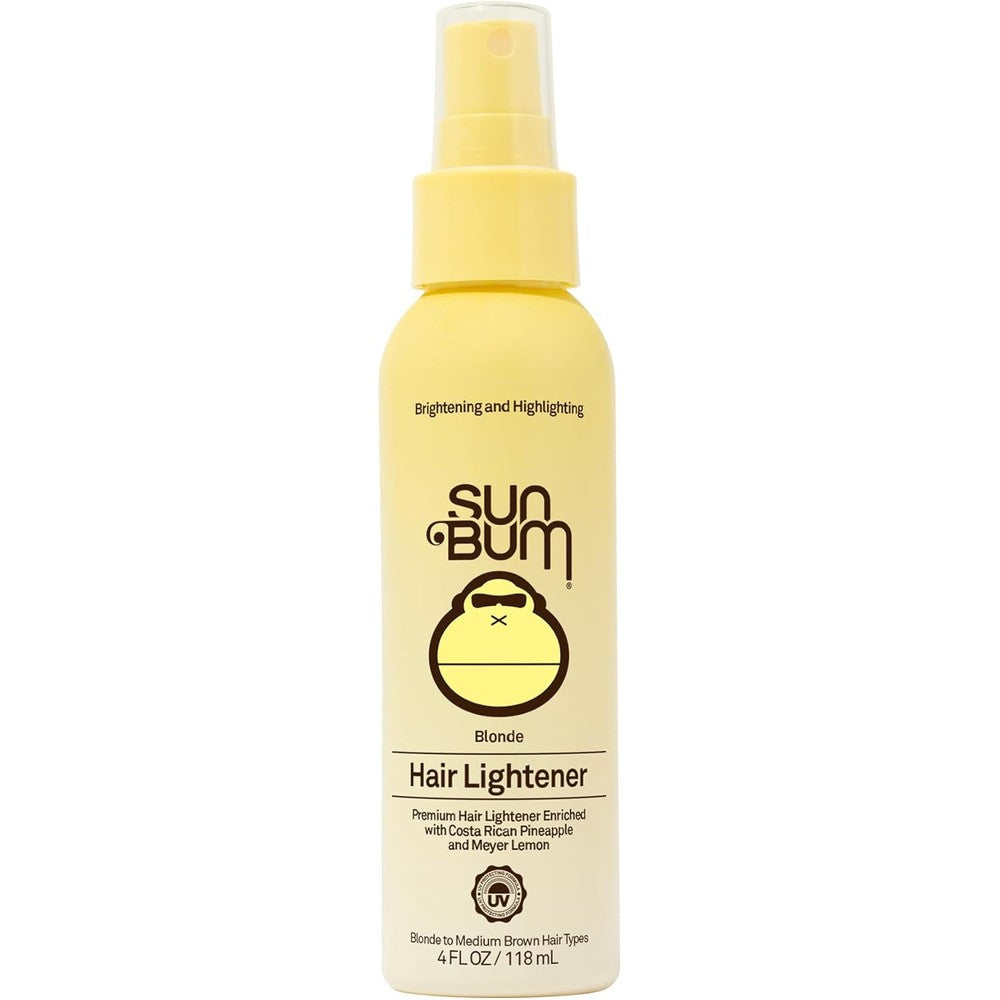 Sun Bum Hair Lightener Spray front view of the four ounce bottle highlighting blonde formula features.