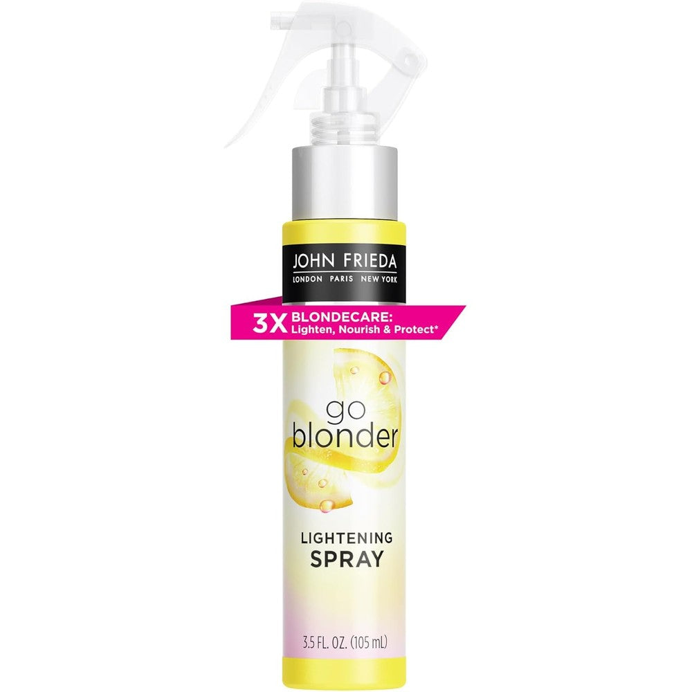 John Frieda Sheer Blonde Go Blonder Controlled Lightening Spray front view showcasing premium packaging for blonde hair care