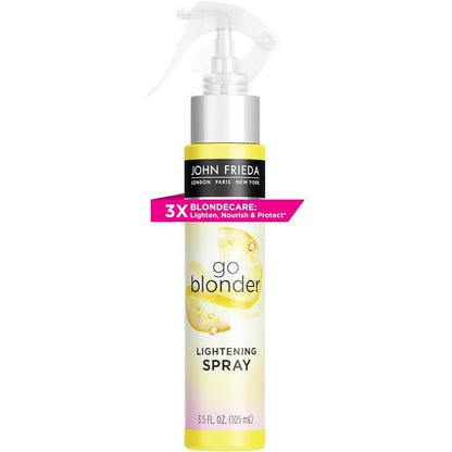 John Frieda Sheer Blonde Go Blonder Controlled Lightening Spray front view showcasing premium packaging for blonde hair care