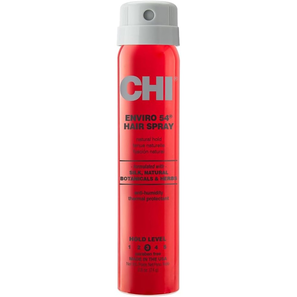 CHI Enviro 54 Hairspray Natural Hold front view of red aluminum canister for professional styling.