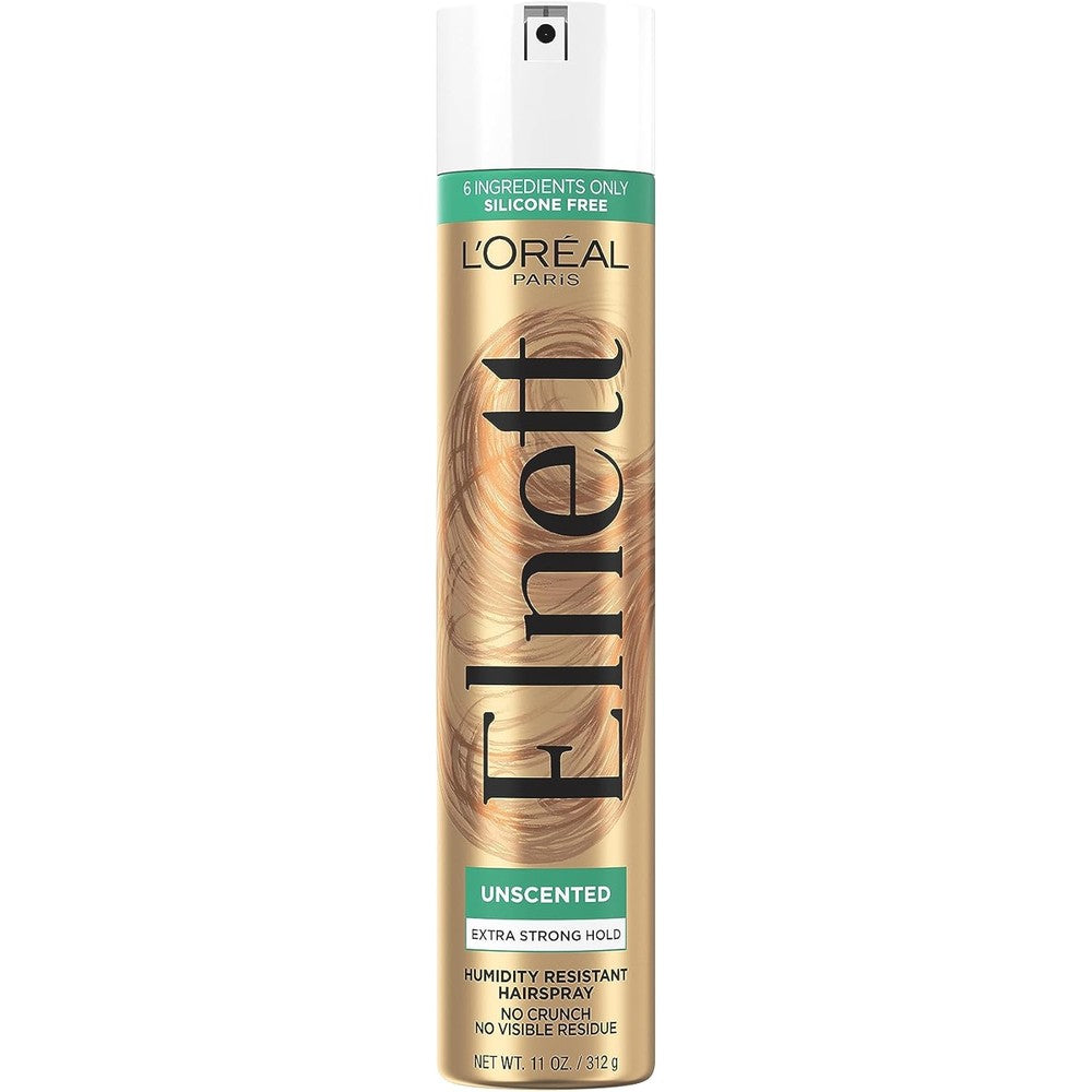 L'Oreal Paris Elnett Satin Hairspray front view extra strong hold styling spray.
