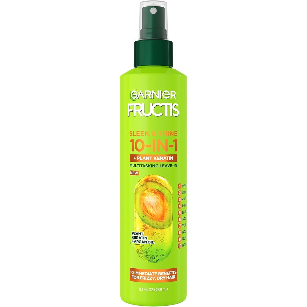 Garnier Fructis Sleek and Shine 10 in 1 leave in spray front view for anti frizz hair treatment