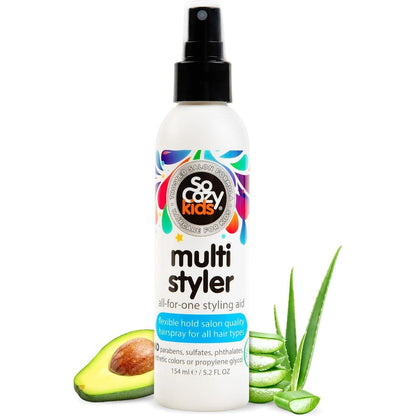 SoCozy Multi Styler kids hair spray front bottle view for gentle everyday styling hold