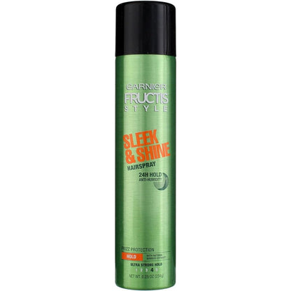 Garnier Fructis Style Sleek and Shine Anti-Humidity Hairspray front view aerosol can for frizz protection