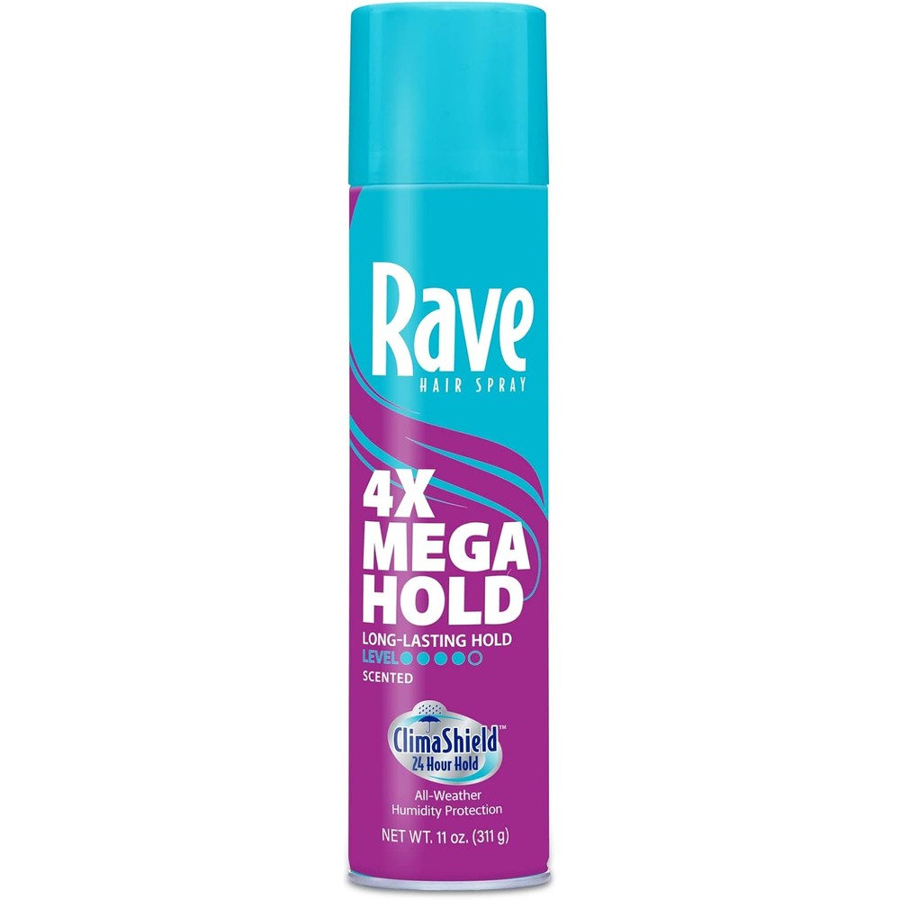 Rave 4X Mega Firm Hold Scented Hair Spray front view for salon styling