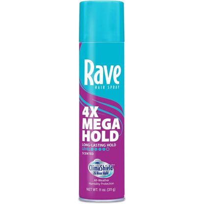Rave 4X Mega Firm Hold Scented Hair Spray front view for salon styling