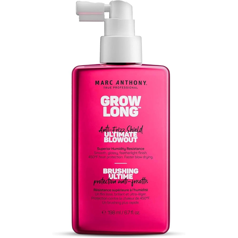 Marc Anthony Grow Long Anti Frizz Shield Blowout Spray front view showcasing pink bottle packaging