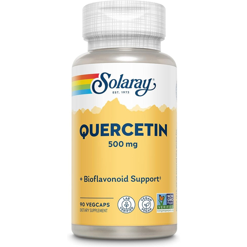 Solaray Quercetin 500mg antioxidant capsules front view bottle showing 90 vegetarian capsules count