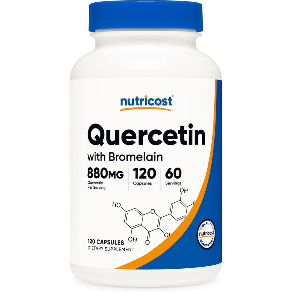 Nutricost Quercetin with Bromelain 120 vegetarian capsules front view bottle showing premium immune support supplements.